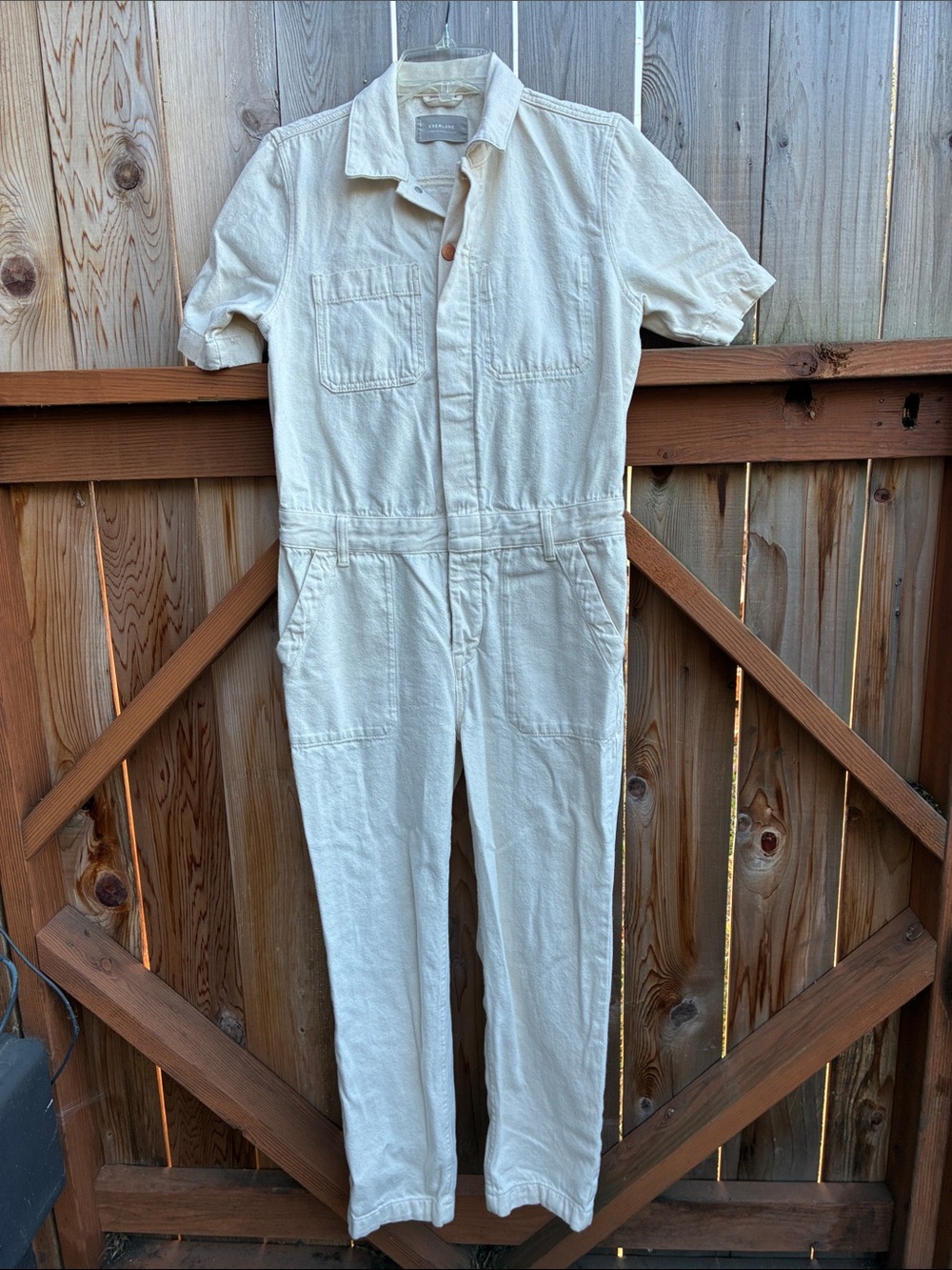 Everlane Cream Short-Sleeve Denim Jumpsuit